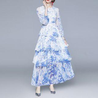 Long-sleeve Print Tiered Maxi Dress