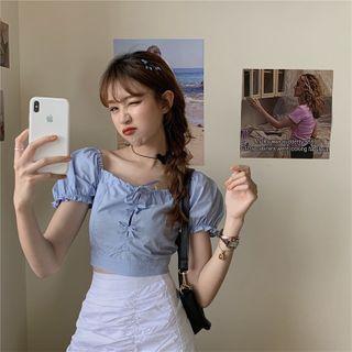 Puff-sleeve Square Neck Bow Accent Blouse