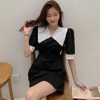 Lace-trim Short-sleeve Mini Dress Black - One Size