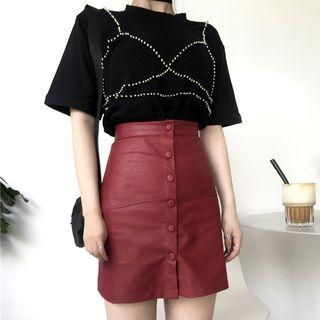 Studded Short-sleeve T-shirt / Faux Leather A-line Skirt