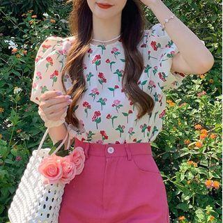 Puff-sleeve Floral Print Blouse Blouse - Floral - Red & White - One Size