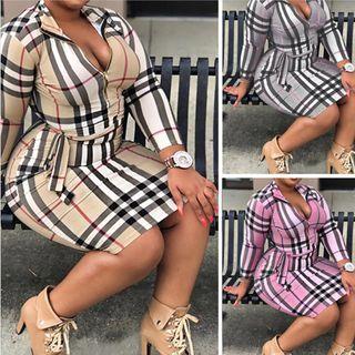 Long-sleeve Plaid Half-zip Tie-waist Shirt Dress