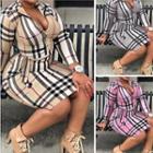 Long-sleeve Plaid Half-zip Tie-waist Shirt Dress