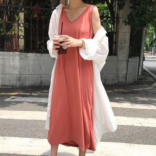 Plain Long Shirt / V-neck Midi Tank Dress