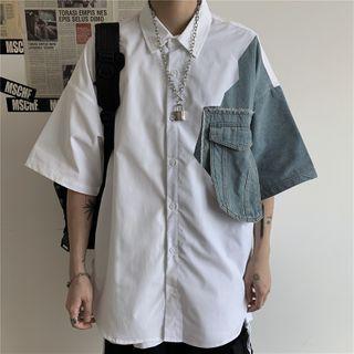 Denim Panel Elbow-sleeve Shirt