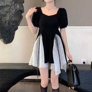 Mock Two-piece Puff-sleeve Lace Trim Dress Black - One Size