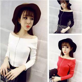 Zip Front Off Shoulder 3/4 Sleeve T-shirt