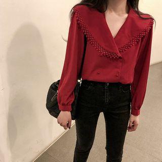 Lace Trim Notch Lapel Blouse Red - One Size