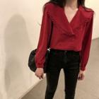 Lace Trim Notch Lapel Blouse Red - One Size