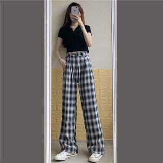 Short-sleeve Knitted Polo Shirt / High-waist Plaid Pants