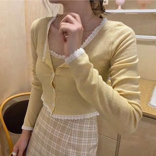 Set: Lace Trim Camisole Top + Cardigan Yellow - One Size