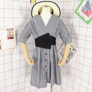 Elbow-sleeve Striped Asymmetric Buttoned A-line Dress
