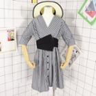 Elbow-sleeve Striped Asymmetric Buttoned A-line Dress