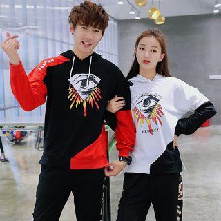 Couple Matching Print Hoodie/ Camo-trim Jogger Pants