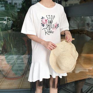 Printed Elbow-sleeve Mock Two-piece Dress