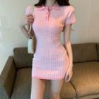 Short-sleeve Houndstooth A-line Polo Dress