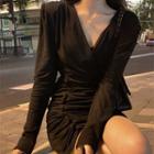 Long-sleeve Ruched Mini Bodycon Dress Black - One Size