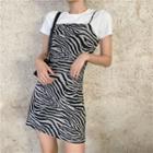 Plain Short-sleeve T-shirt / Zebra Print Spaghetti Strap Mini A-line Dress
