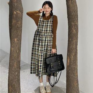 Plaid Midi Overall Dress / Knit Top