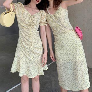 Short-sleeve Floral Print Dress / Spaghetti Strap Midi Dress