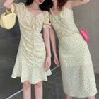 Short-sleeve Floral Print Dress / Spaghetti Strap Midi Dress