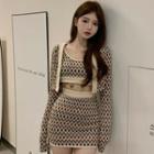 Patterned Crop Knit Tank Top / Mini Pencil Skirt / Cropped Cardigan