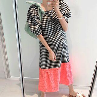 Puff-sleeve Contrast-gingham Long Dress Black - One Size