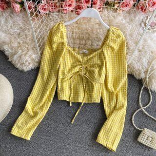 Long Sleeve Drawstring Check Blouse