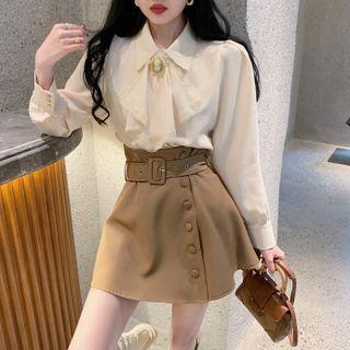 Ribbon Neck Blouse / A-line Skirt