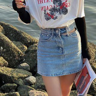 High-waist Cutout Denim Mini Pencil Skirt