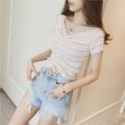 Short-sleeve Striped Drawstring T-shirt