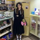 Long-sleeve Wide-collar Checkered Midi A-line Dress Black - One Size