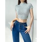 Stand-collar Ruched Crop T-shirt In 6 Colors