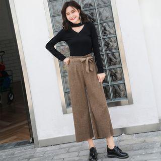 Set: Long-sleeve Cut Out T-shirt + Cropped Wide-leg Pants