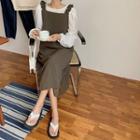 Set: Plain Top + Ruffle Trim Midi A-line Overall Dress