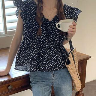Sleeveless Ruffled Floral Print Blouse Black - One Size