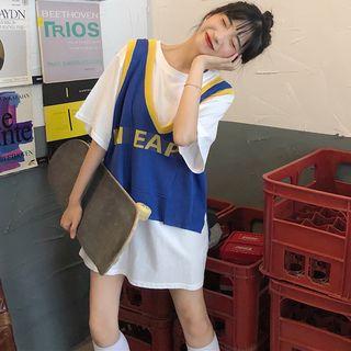 Contrast Trim Letter Vest / Elbow-sleeve T-shirt