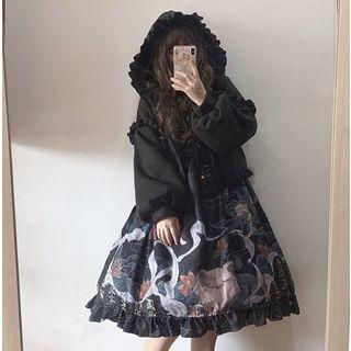 Ruffle-trim Hooded Buttoned Jacket