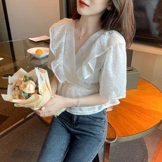 V-neck Ruffle Trim Tie-waist Cropped Blouse