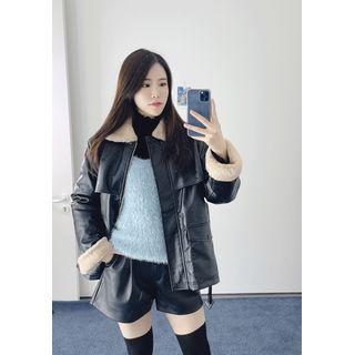 Faux-fur Lining Pleather Field Jacket