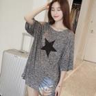 Elbow-sleeve Distressed Star Print T-shirt Gray - One Size