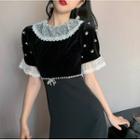 Faux Pearl Lace Trim Short-sleeve A-line Dress
