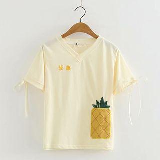 V-neck Pineapple Short-sleeve T-shirt Beige - One Size