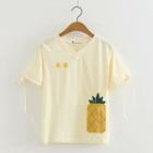 V-neck Pineapple Short-sleeve T-shirt Beige - One Size