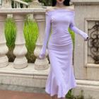 Long-sleeve Plain Midi Bodycon Dress