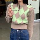 Round Neck Argyle Loose Fit Cropped Sweater Argyle - Green & Khaki - One Size
