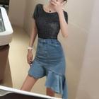 Short-sleeve Top / Denim Asymmetric Hem Fitted Skirt