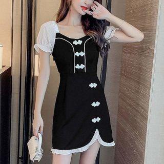 Short-sleeve Contrast Trim Mini A-line Dress / Camisole Top