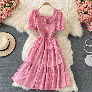 Puff-sleeve Floral Print Tiered Chiffon A-line Dress