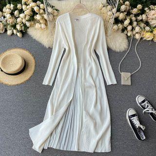 Pleated Long Open-front Cardigan